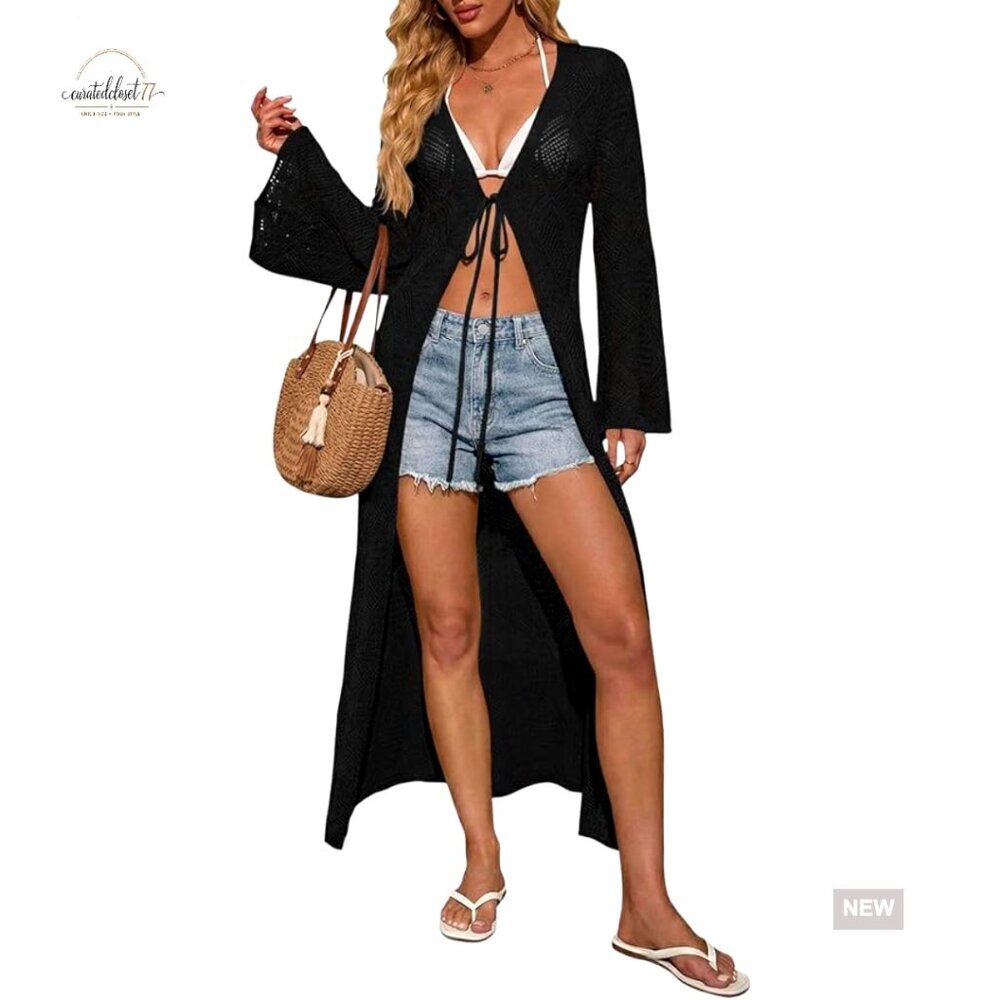 Small Crochet Long Cardigan Tie Front Bell Sleeve Lightweight Coverup